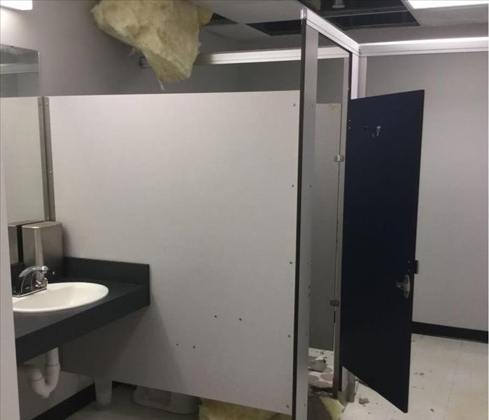 commercial restroom with ceiling damage and insulation hanging down