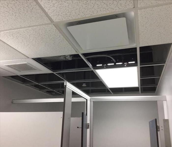 cleaned restroom, ceiling tiles removed 