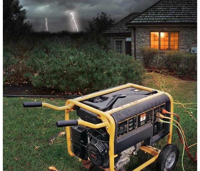 Yellow and black generator on the ground outside of a home during an approaching storm