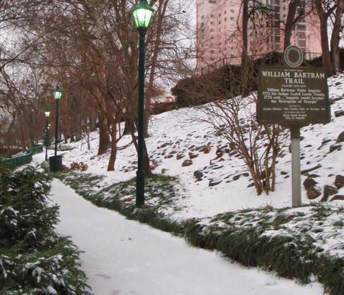 White snow covers the walkways in downtown Augusta, Georgia on the Riverwalk Area